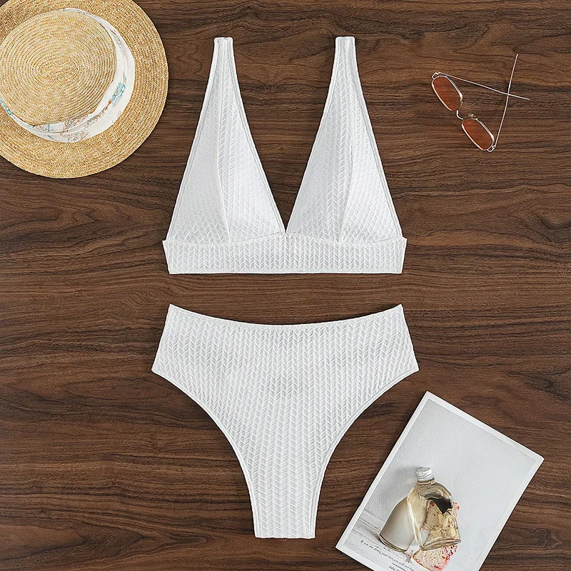 

Sexy Hollow Out High Waist Bikini 2024 Women Solid White V Neck Push Up Two Piece Swimsuit Beach Bathing Suit Backless Swimwear