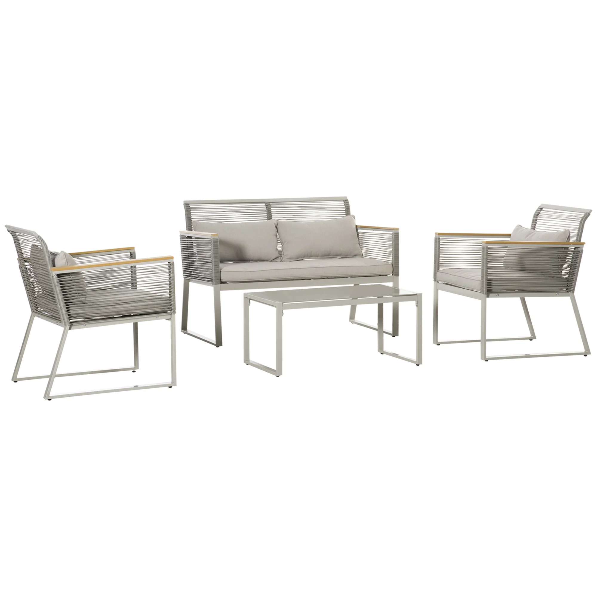 Outsunny rattan garden furniture set 4 pieces double sofa 2 single armchairs and gray glass coffee table