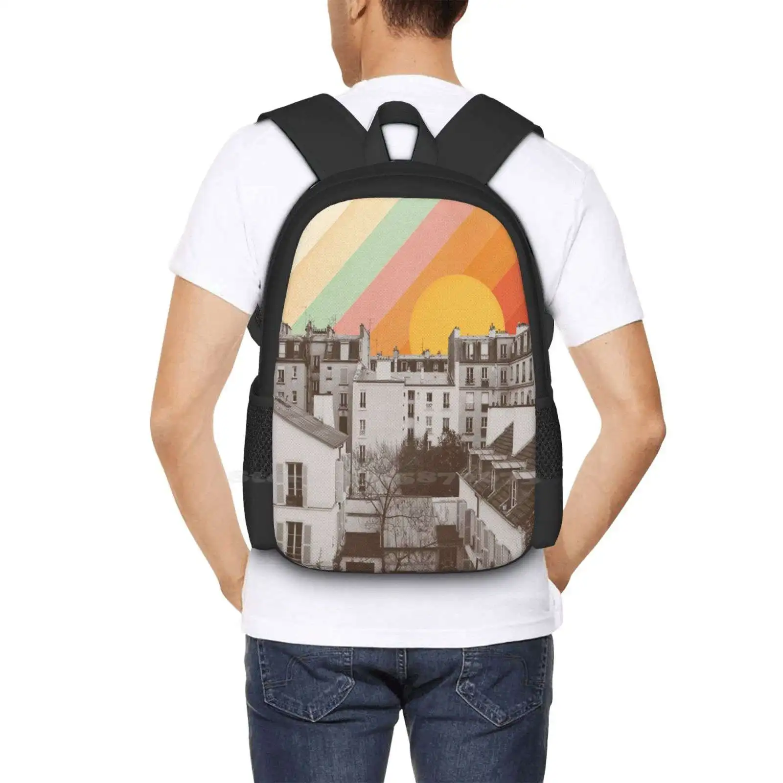 Bolsas Unisex de cielo arcoíris sobre París, mochila para estudiantes, Collage de colores del Arcoíris, color rojo, naranja, Ciudad de París, recién llegados