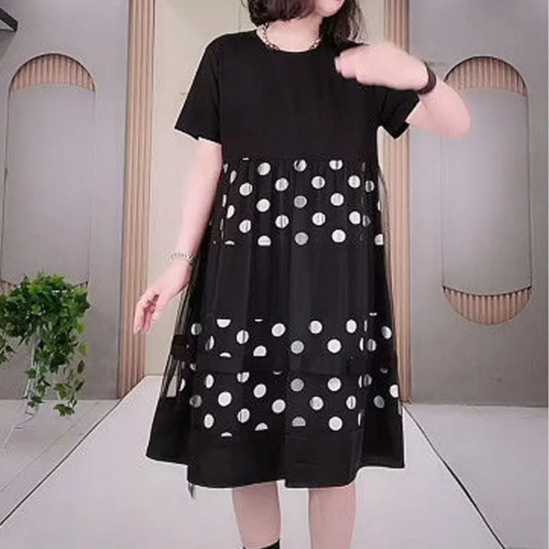 Casual Patchwork Gauze Midi Dress Loose Summer Printed Polka Dot Women's Clothing All-match Round Neck Stylish A-Line Dresses