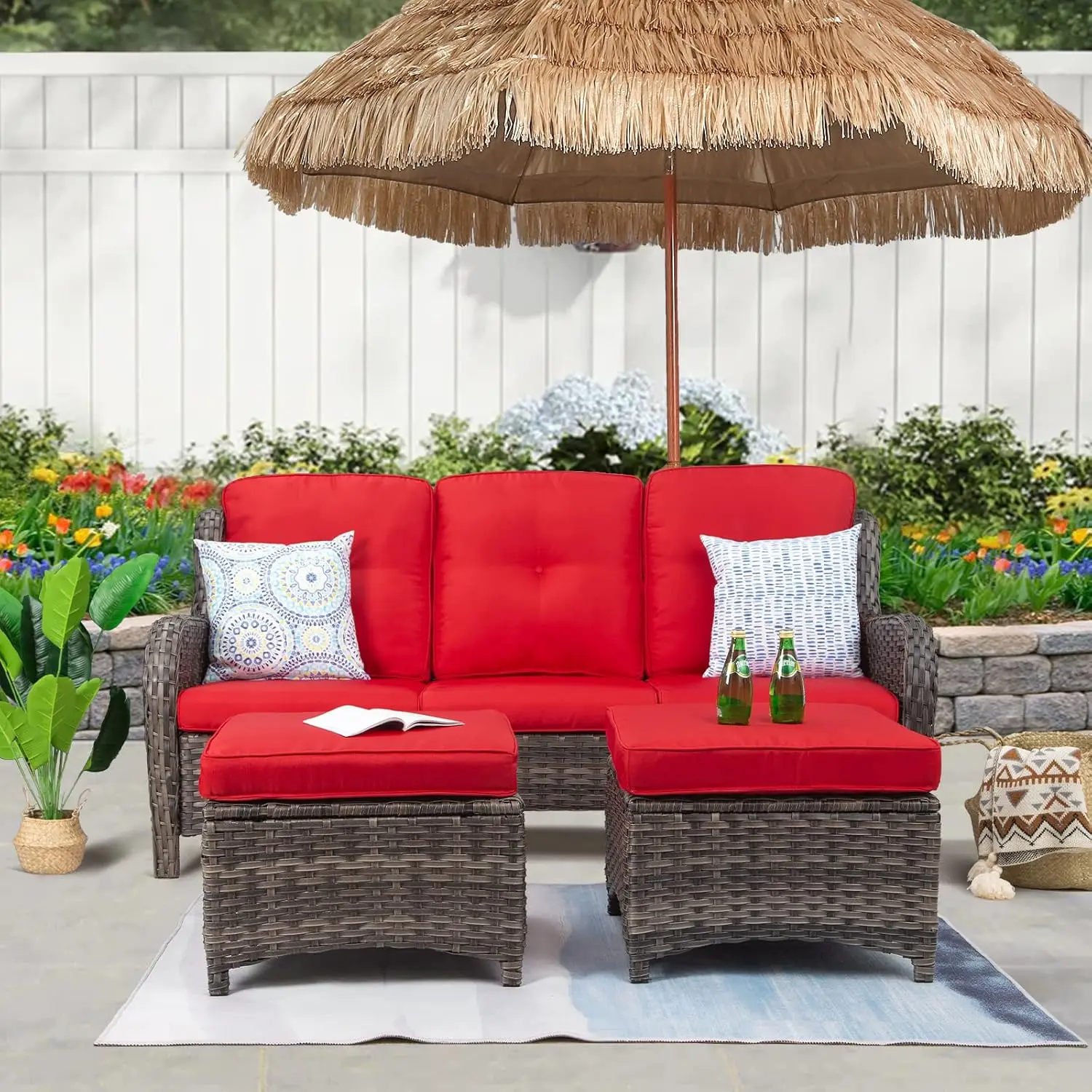 Patio Furniture Set 3-Piece Wicker Outdoor Furniture Conversational Sets, 2 Ottoman Patio Rattan Wicker Sectional Sofa Set