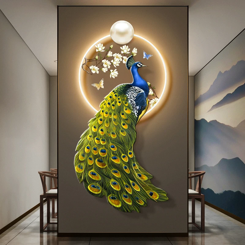 xx-Peacock Opening Screen Foyer Decoration Painting Light Luxury Entrance Door Luminous Wall Home Accessories Night Led Room