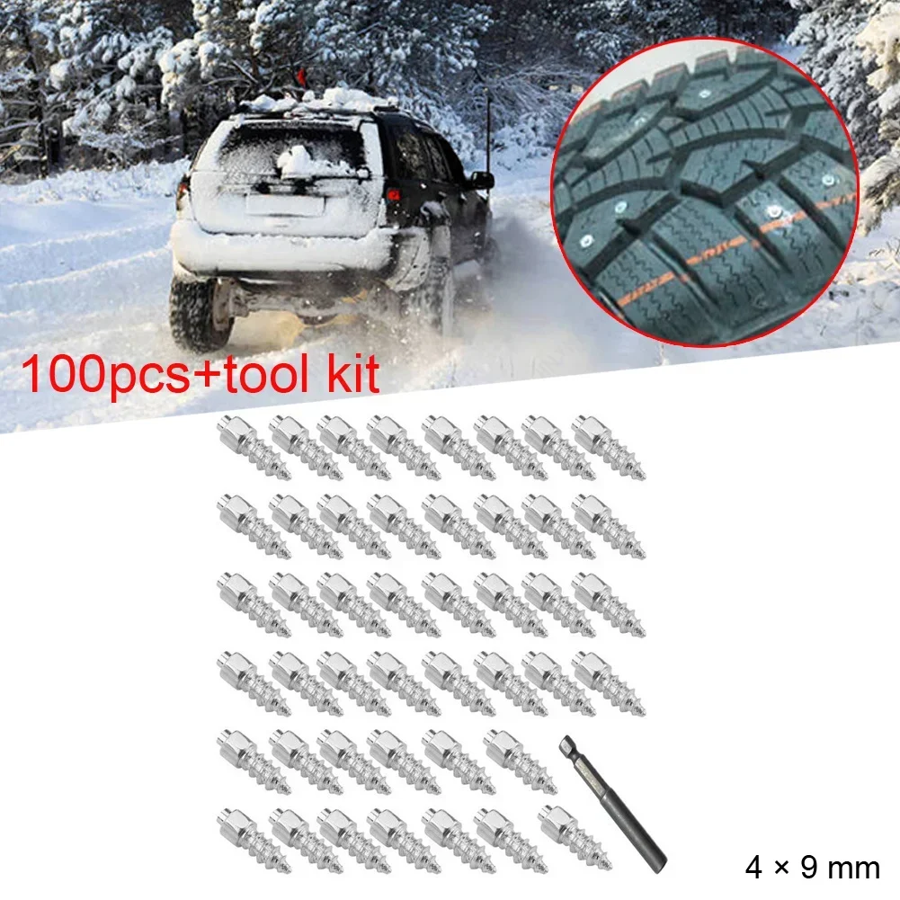 100pcs Winter Wheel Lugs Snow Screw Tire Studs Anti Skid Anti-Slip Chains Spikes With Tool For Car Motorcycle Bicycle