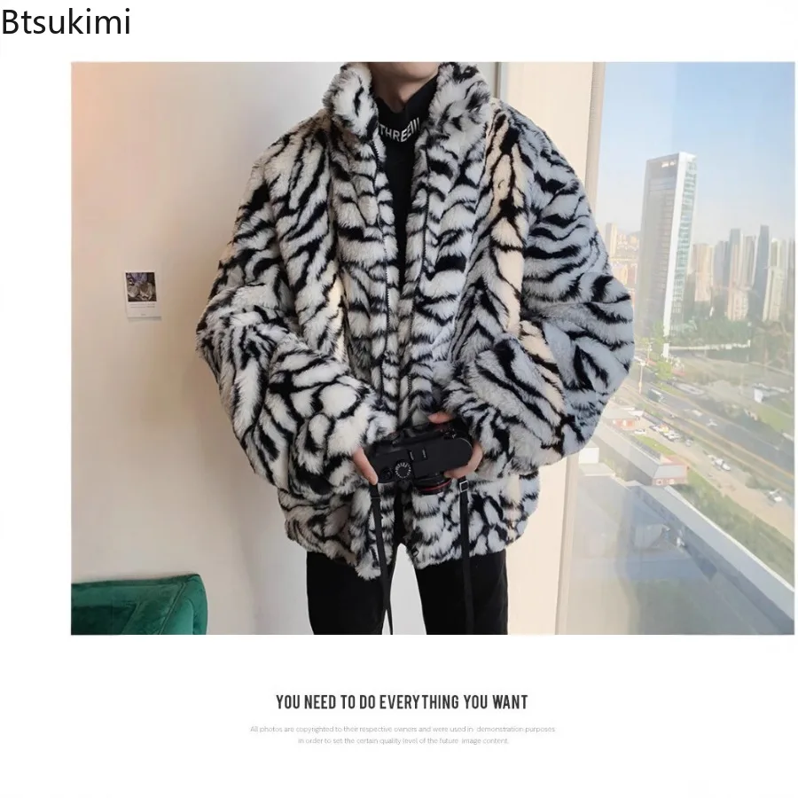 Fashion Tiger Stripes Print Men Jackets Loose Fluffy Faux Fur Long Sleeve Casual Warm Coats Autumn Winter Harajuku Retro Jackets