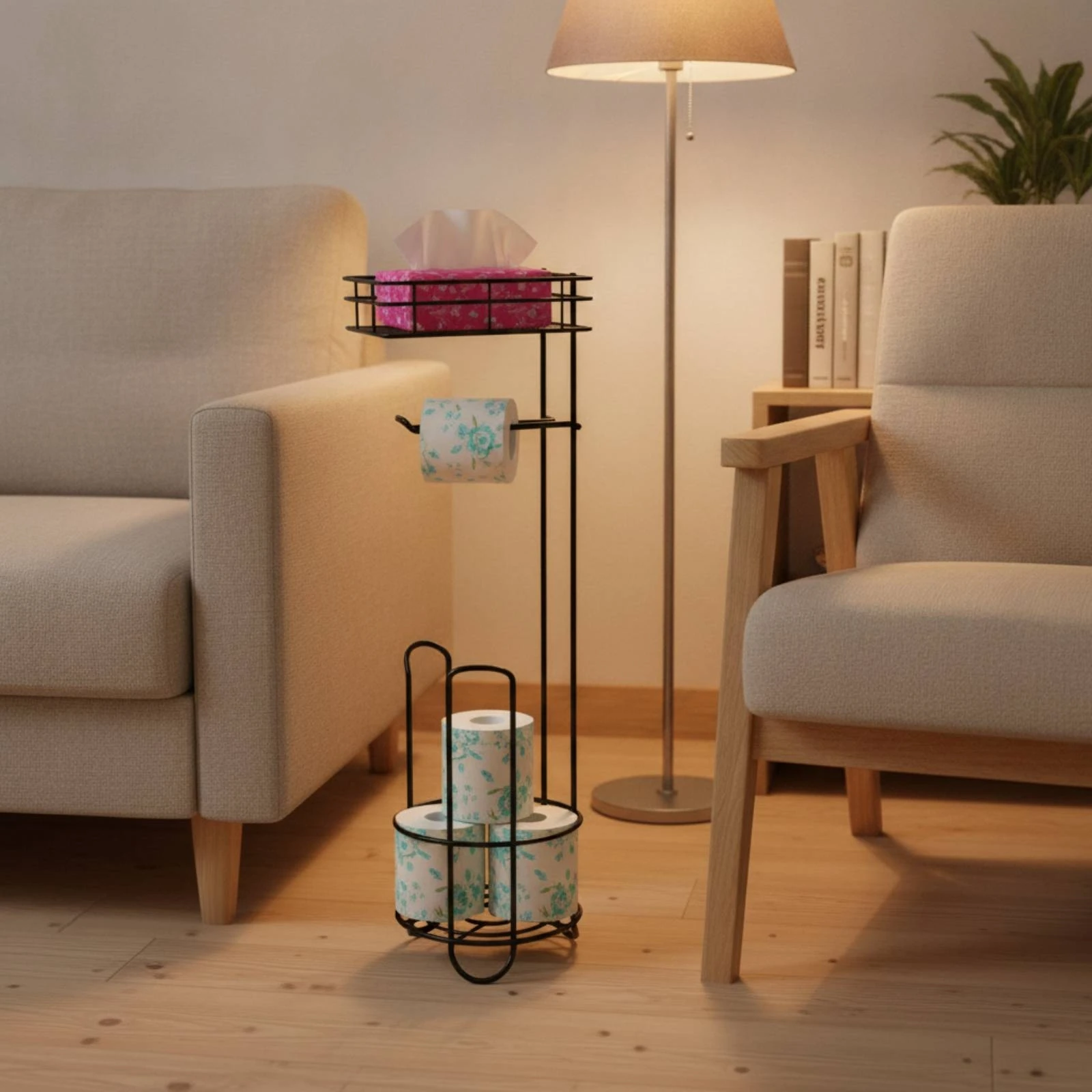 Toilet Roll Stand with Basket Matte Black Freestanding Bathroom Tissue Holder Bathroom Tissue Stand with Shelf Slim