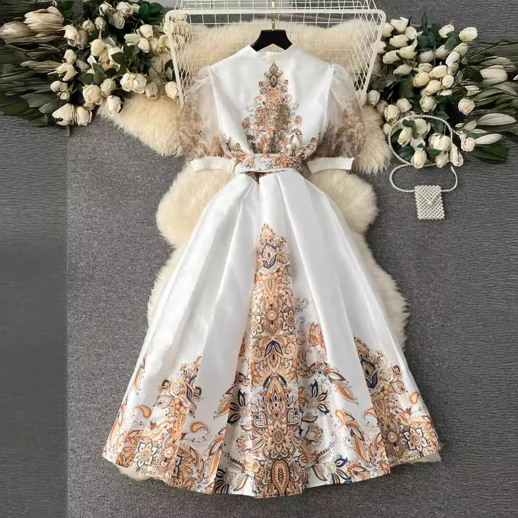 Elegant French Court Style Women's Dress New Vintage Printed High-End Feel Big Swoosh Gown Skirt Sleeveless