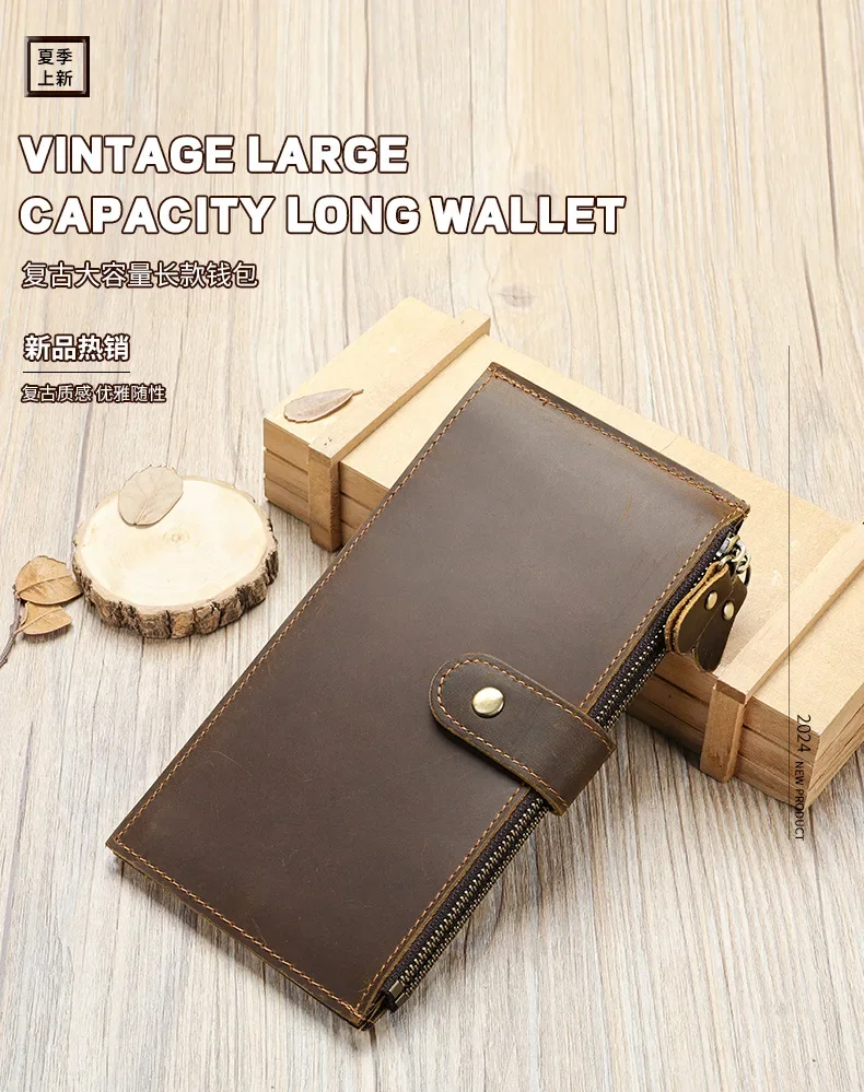 

High quality ultra-thin men's wallet, Crazy Horse Leather retro handmade horizontal wallet, real pickup bag, hand-held bag