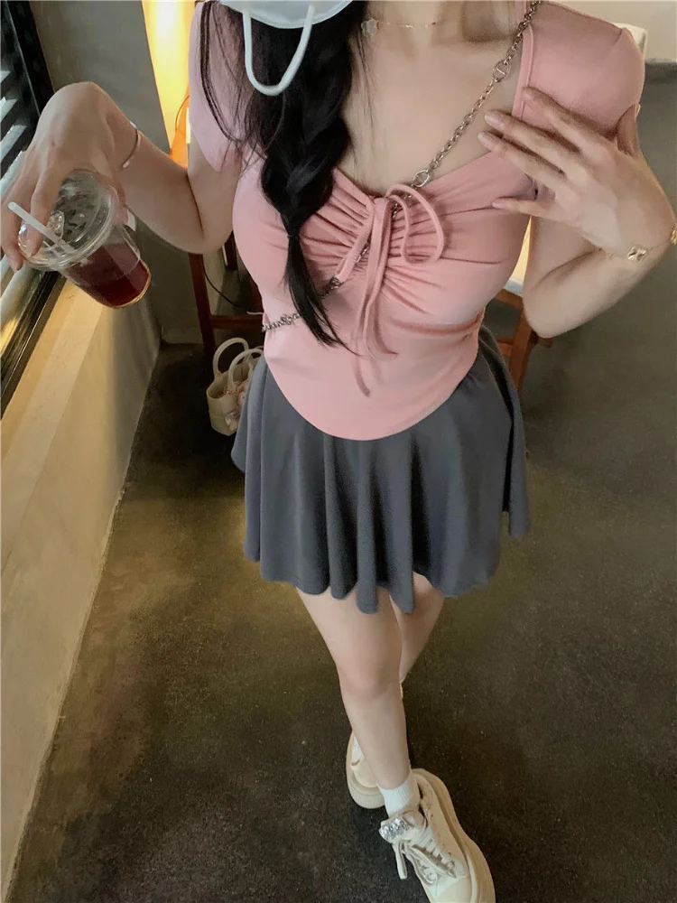 

Комплекты юбок, женские складные комплекты на шнуровке, Hotsweet, повседневные, очаровательные, в корейском стиле, простые, нежные, женские, популярные, весенние, элегантные, вставки