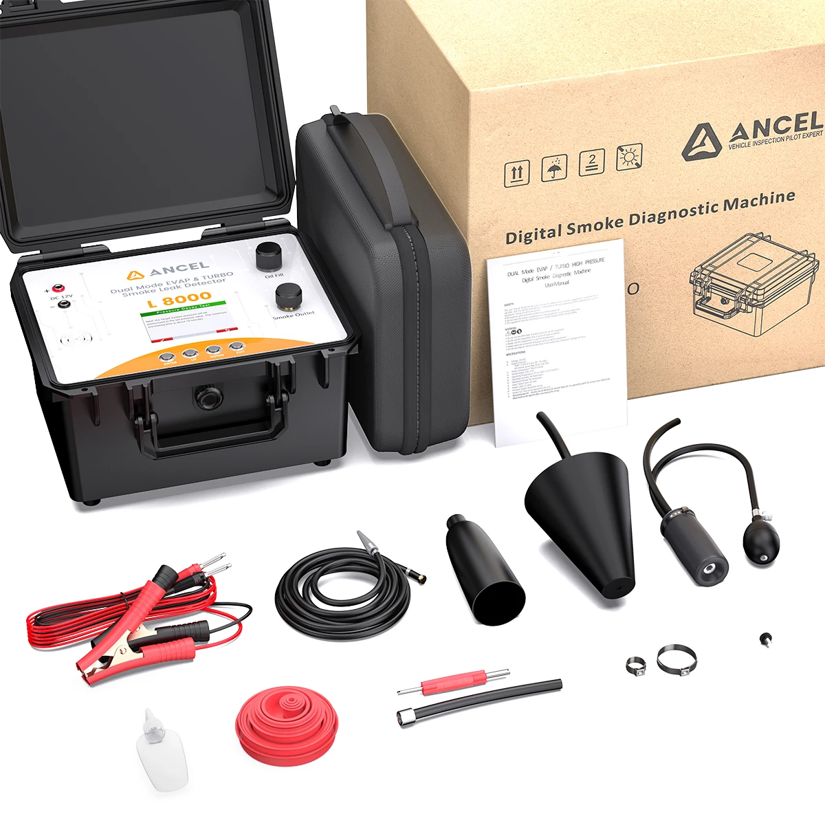

Automotive Smoke Machine Dual Mode Diagnostic Leak Tester for EVAP & Turbo Systems Built-in Air Pump & Color LCD ANCEL L8000
