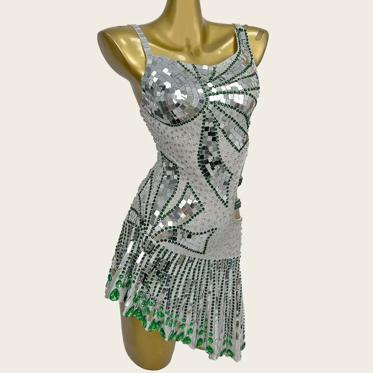 

Sexy Fashion Women Dance Stage Performance Short Wear Sparkly Rhinestone Mirrors Slip Pleated Dress Night Club gig Outfit Lvdou
