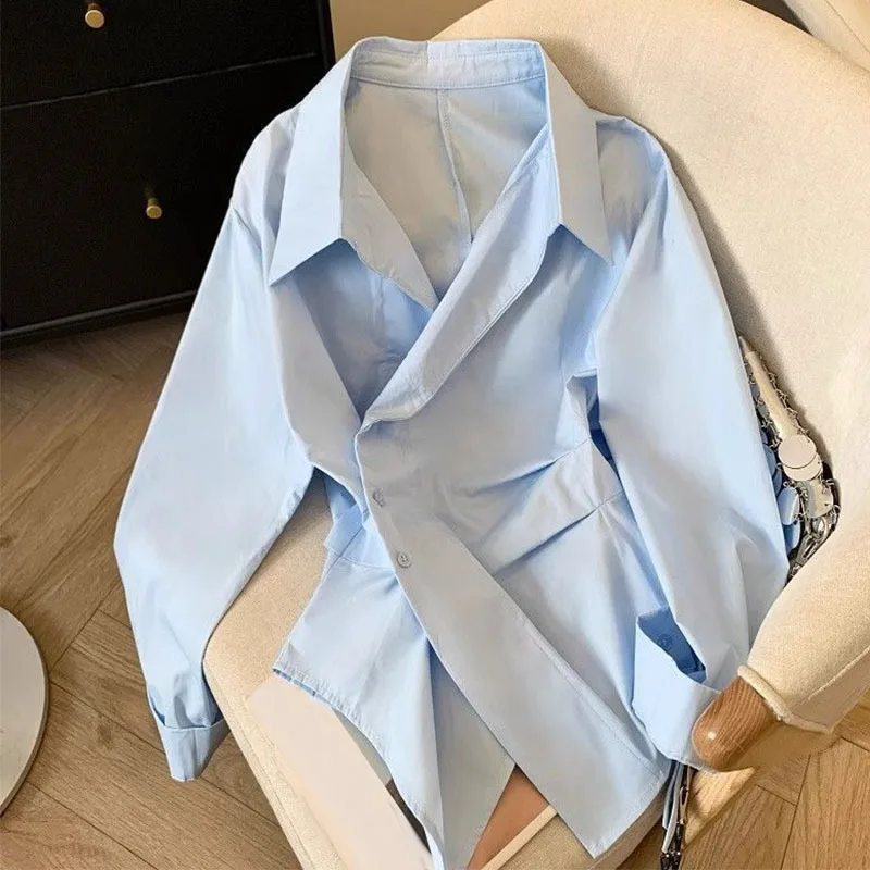 

Женские рубашки с длинными рукавами нестандартной формы, однотонные весенне-осенние женские повседневные свободные блузки, офисные женские элегантные топы с лацканами на пуговицах