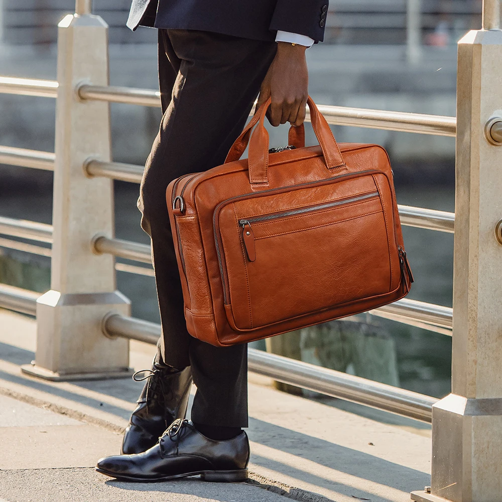 Maleta de couro genuíno vintage masculina, bolsa de couro comercial, grande capacidade, bolsa de computador, europeia e americana, nova, 15,6"