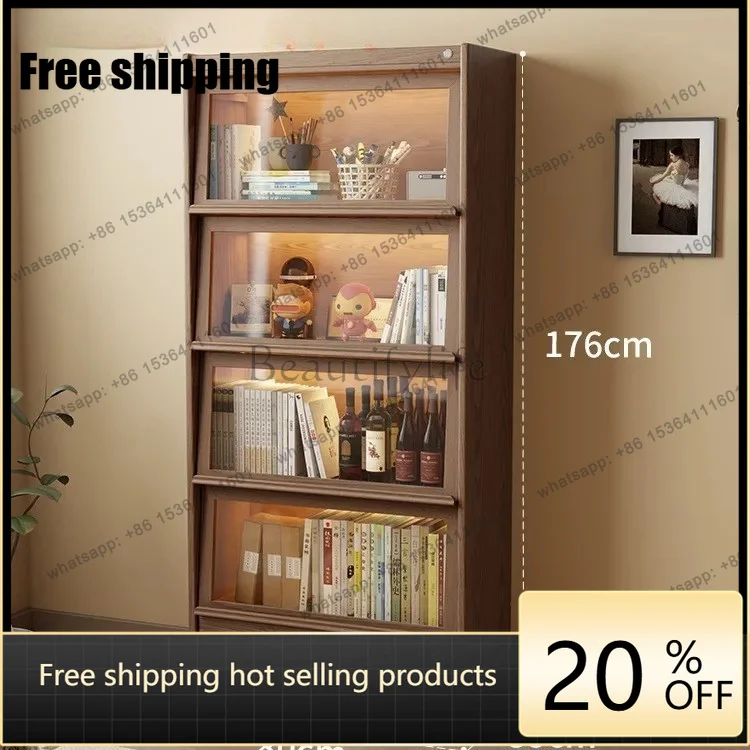hot Black walnut solid wood bookcase integrated glass dust door modern simple living room floor locker