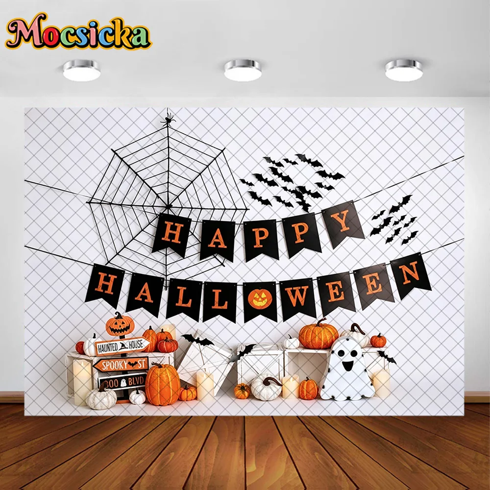 Mocsicka Photography Backdrop Happy Halloween Banner Spider Web Bat Pumpkin Decoration Kids Holiday Party Portrait Studio Props