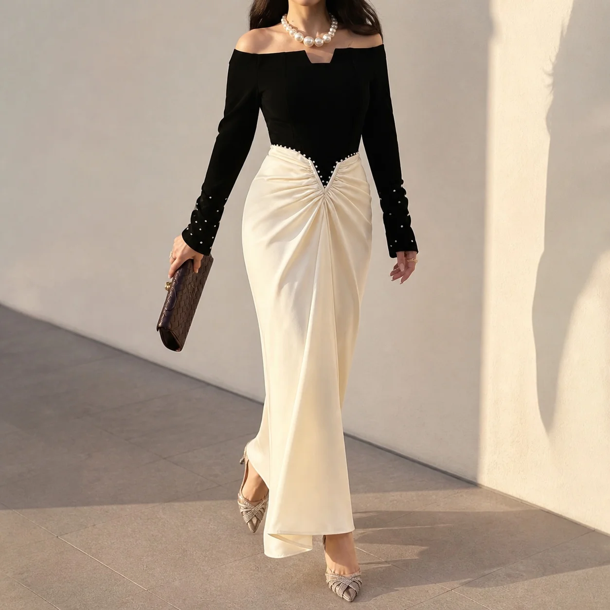 Off Shoulder Long Sleeve Pearl Machine Embroidered Bodycon Dress for Wedding Guest Elegant Party Wedding Party Robe Cocktail