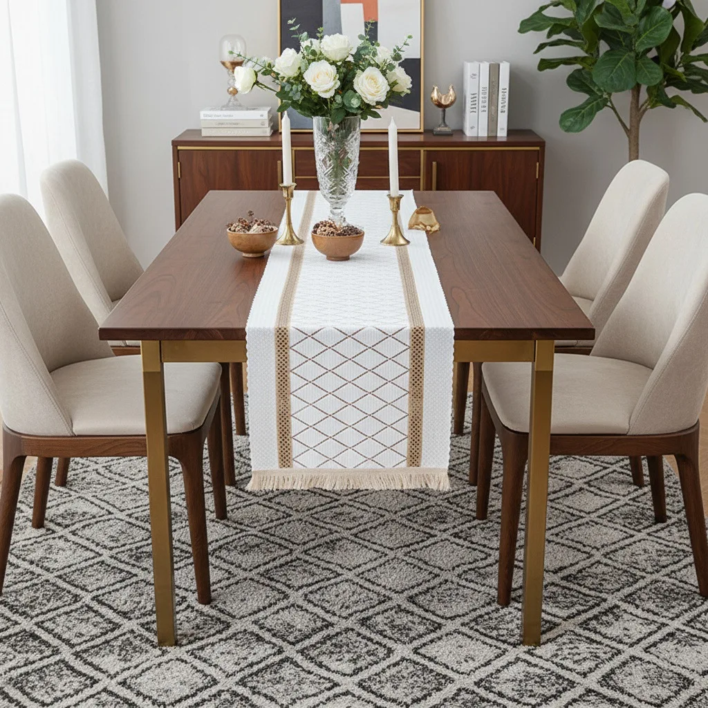Retro Cotton and Linen Table Runner Woven Hollowed-Out Tassels Table Runners Festival Placemats and Tablecloths