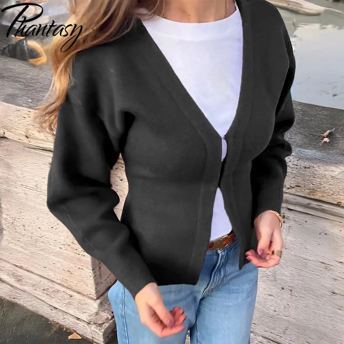 Phantasy Women's Fashion Knit Cardigan Vintage Solid Color Knitted Tops Casual Style Simple Line Design Elegant Retro Cardigan