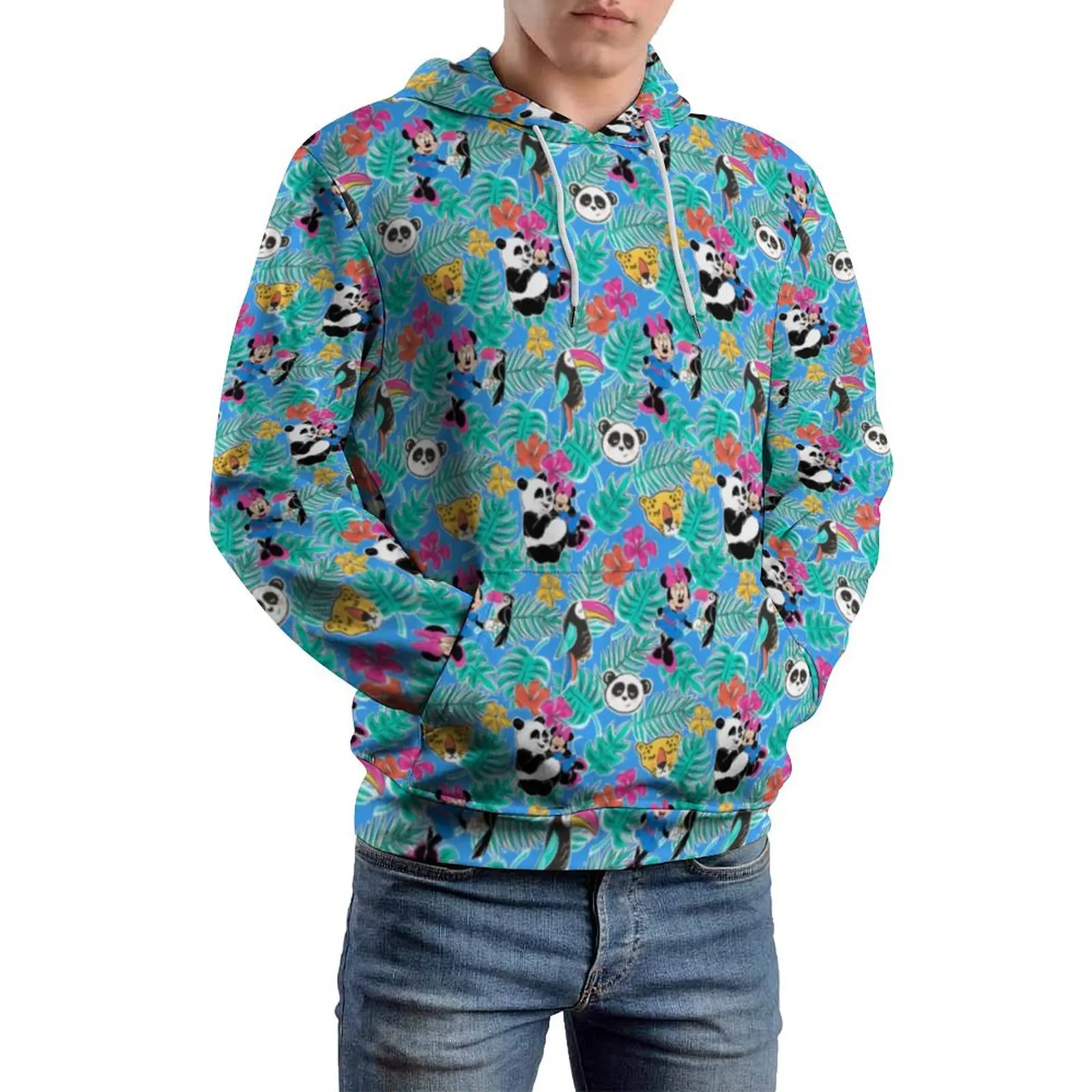 Wild Panda Casual Hoodies Tropical Print Loose Pullover Hoodie Male Long Sleeve Modern Graphic Hooded Sweatshirts Large Size