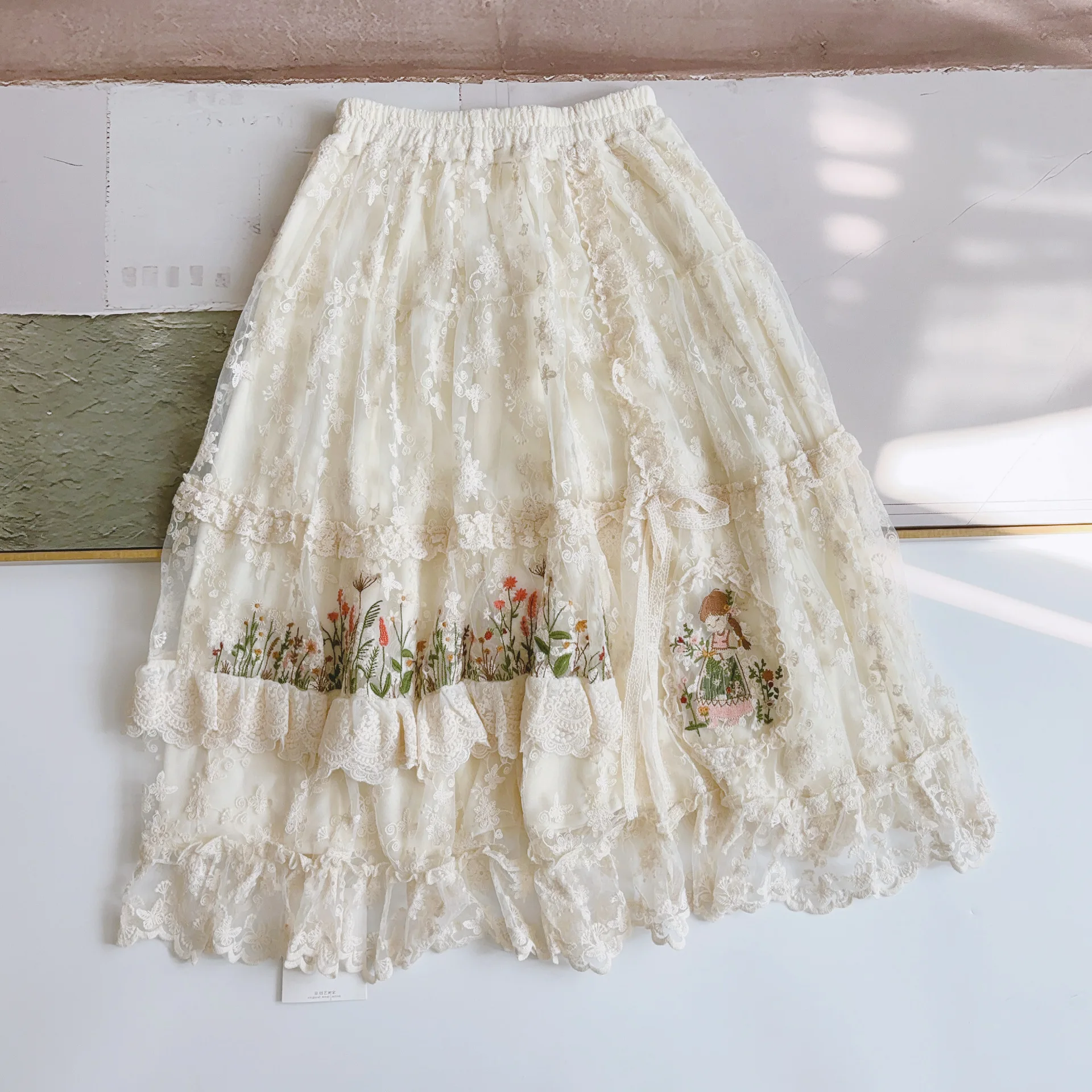 

Japanese Sweet Mori Girl Lace Embroidery Thicken Velvet Fairy Dress Women Autumn Winter Elastic Waist Elegant Fleece Dresses