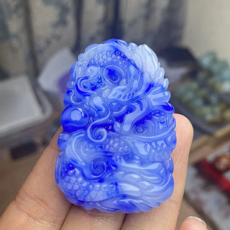 Natural Blue White Jade Dragon Pendant Necklace Chinese Hand-Carved Charm Jewelry Fashion Amulet Accessories for Men Women Gifts