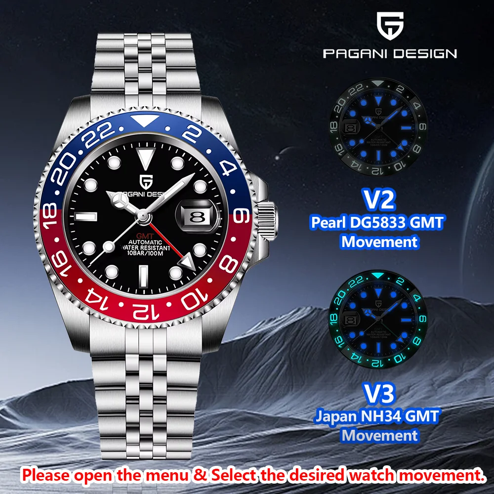 

PAGANI DESIGN Original 40MM Men GMT Automatic Mechanical Watches Japan NH34 Luxury Stainless Steel 100M Waterproof Watch PD-1662