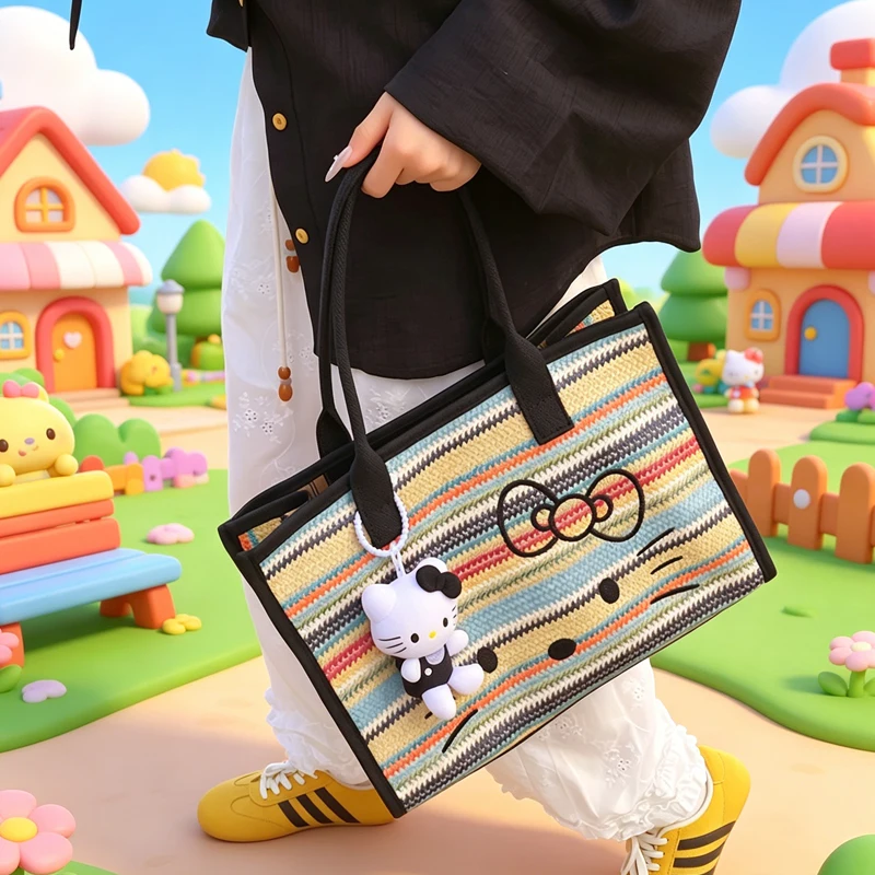 

Hello Kittys Crossbody Bag Cute Girl Tote Bag Large Capacity Kawaii Cartoon One Shoulder Weaving Handbag Bags for Woman