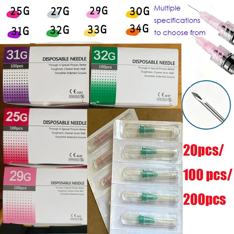 25-34G 100pcs Sterile Painless Ultra-Fine Beauty Syringe Needle, For Tattoo Kit,Liquids,Lab Application&Animal Veterinary
