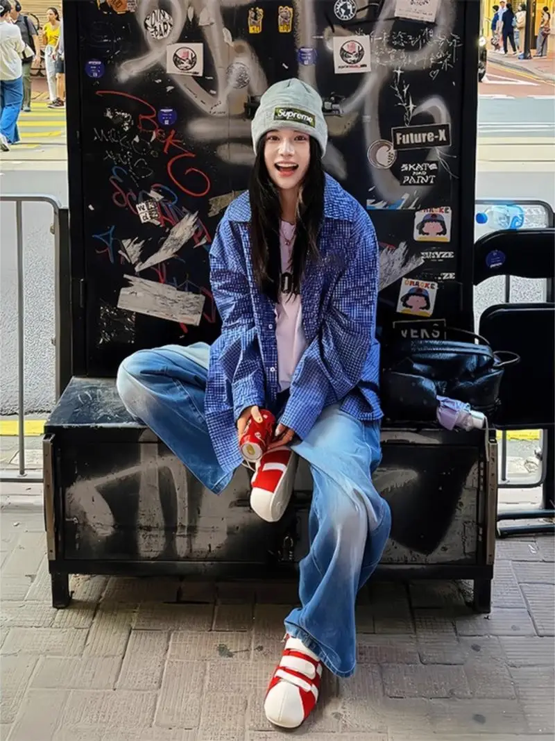 

Синяя клетчатая свободная посадка для мужчин и женщин, повседневная осенняя верхняя одежда Lazy Sle, Cleanfit, американский ретро ex Long Sve irt