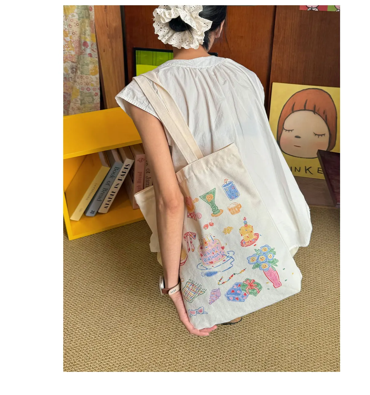 Korean Ins Style Hand-painted Birthday Element Canvas Bag for Women, Large Capacity Tote Bag, Travel Shopping Bag