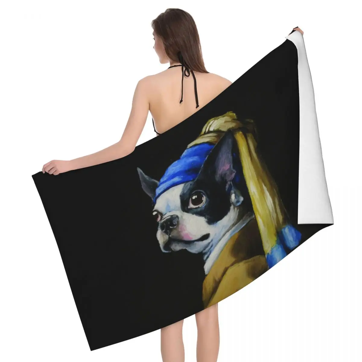 Custom With A Pearl Earring Beach Towel Quick Dry Cartoon Boston Terrier Dog Soft Linen Microfiber Shower Sauna Towels