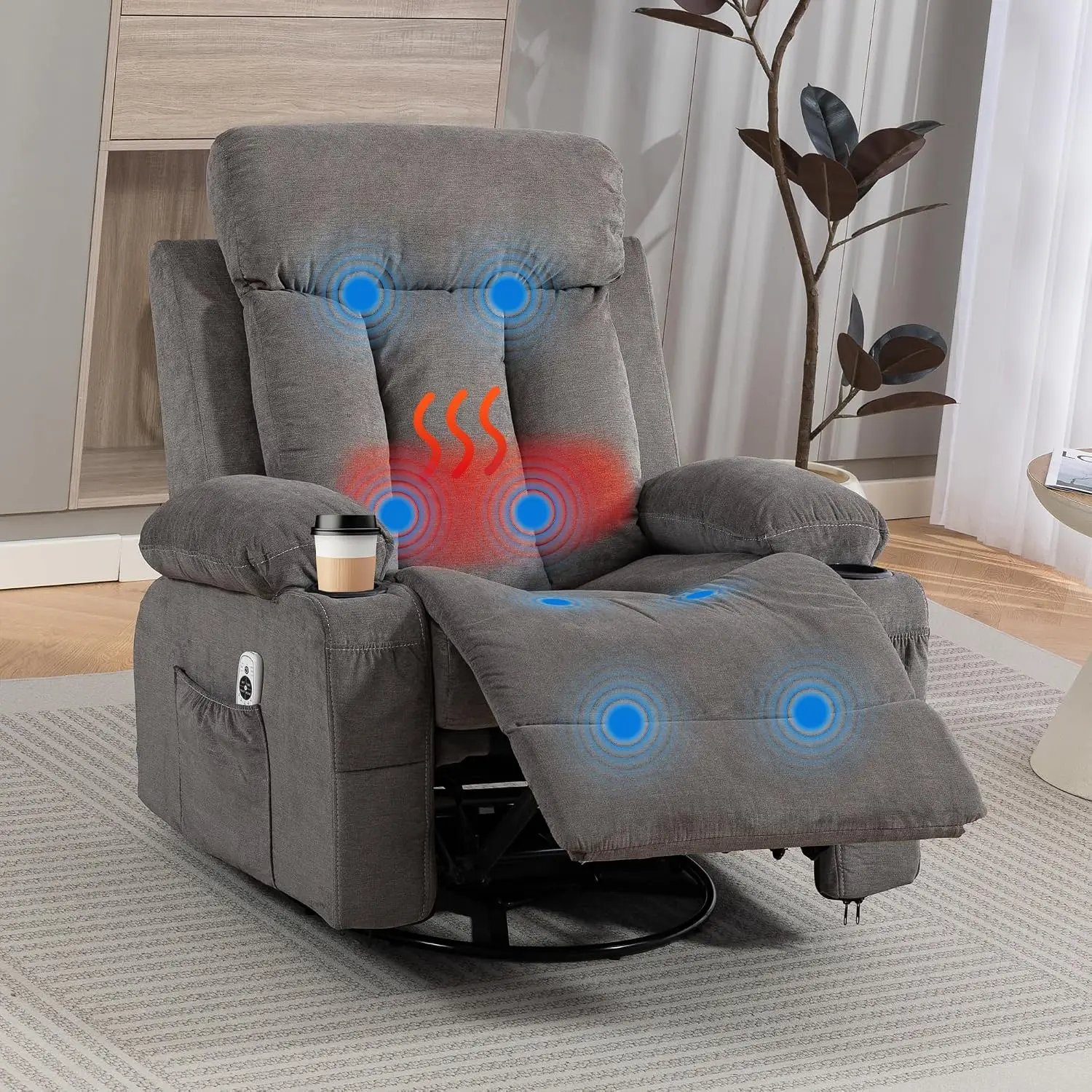 Nursery Glider Rocker Recliner, 360 Swivel Lounge Chair with Massage & Heat, 330lbs, Cup Holder & Pockets, Grey, Customized