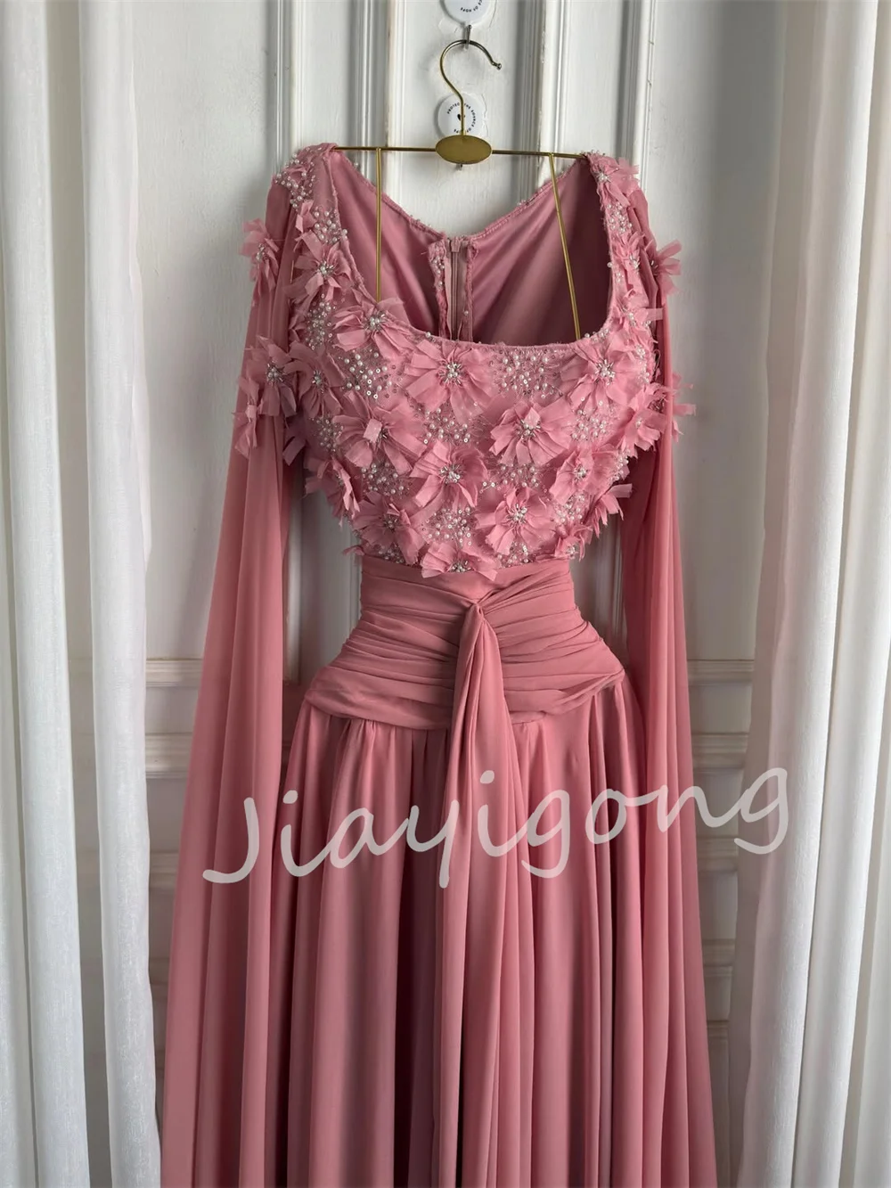 Customized Fashion Chiffon Pleat Sequined Pattern Applique A-line Square Neck Long Party Evening Dresses Luxury 2026