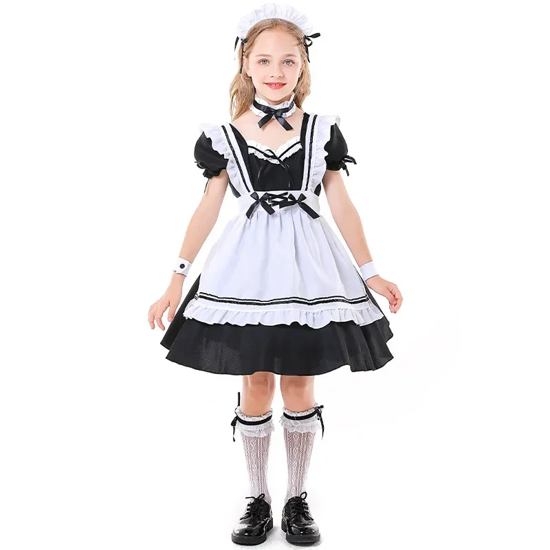 Lolita French Maid Cosplay Costume pour enfants, robe noire et blanche, uniforme de serveuse pour filles, olympiques de fête d'Halloween, mignon, Amine