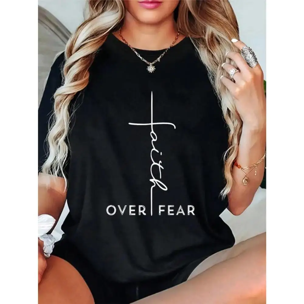 

Faith Over Fear T-Shirt - Christian Cross Inspirational Graphic Tee, Motivational Religious Gift for Women, Positive Courage Top