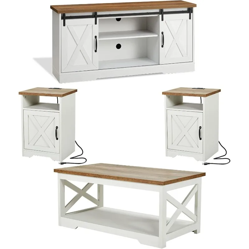 Farmhouse Table Set Includes Sliding Barn Door TV Stand, Coffee Table& Two End Tables, Side Table with Charging