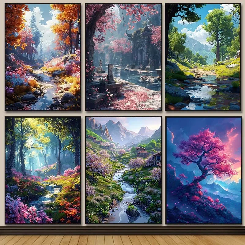 Abstract Anime Landscape Garden Ruins Posters Canvas Paintings and Prints Pictures Wall Art for Living Room Home Decor Framel