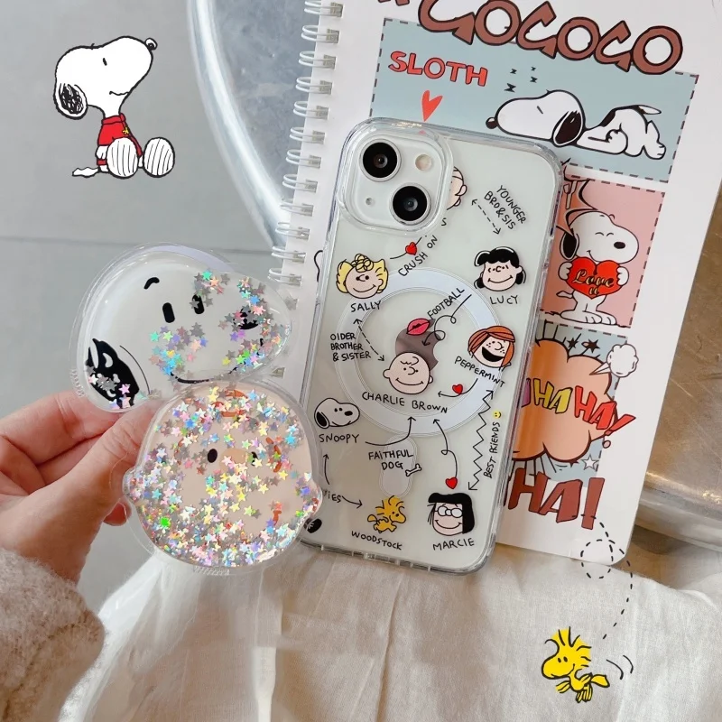 

Cute Snoopy Charlie Clear Magsafe Wireless Charge Case For iPhone 11 12 13 14 15 16 Pro Max Plus Snoopy Glitter Magnetic Holder
