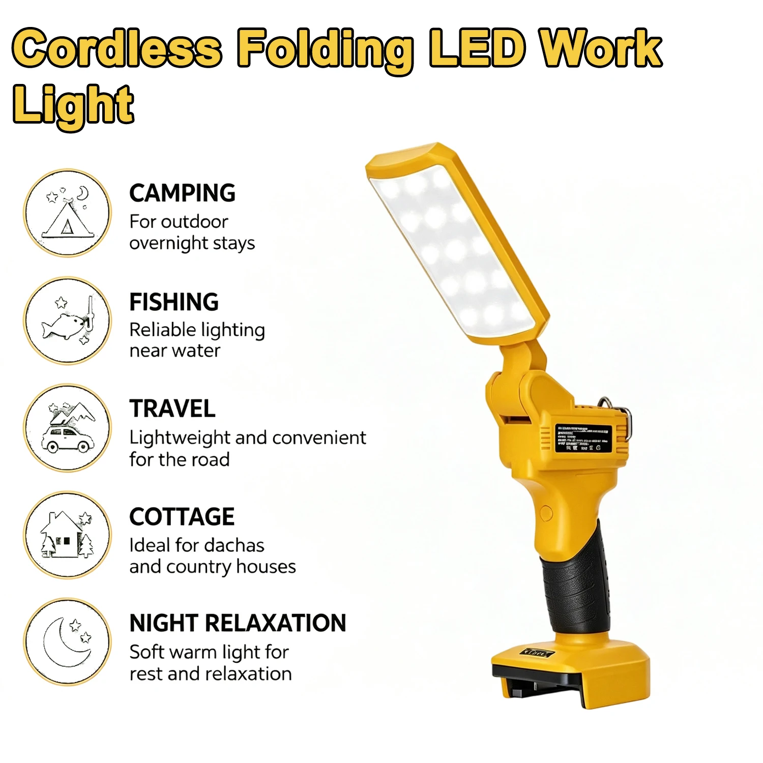 Cordless Folding LED Work Light for Makita/Dewalt/Milwuakee/Bosch 18 V Battery Amber Anti-Mosquito Light SOS Distress Light