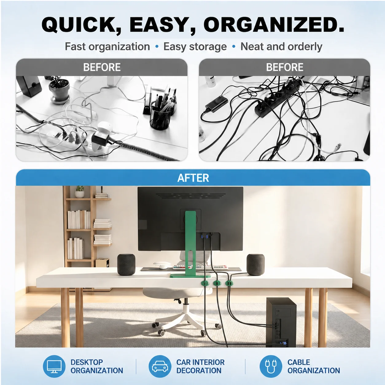 Cable Management Clips Sets, 10 Pcs Self Adhesive Cord Organizer with Elastic Loop Cable Ties,