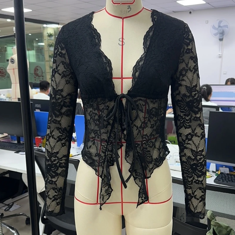 

Женские кружевные прозрачные топы с галстуком-бабочкой спереди, повседневные стильные сетчатые однотонные блузки с открытой передней частью и v-образным вырезом с длинными рукавами