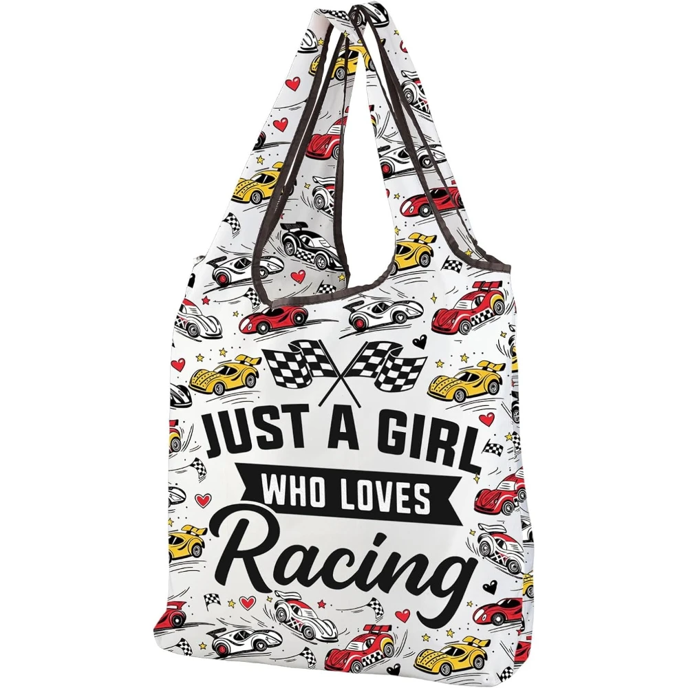 Race Gifts for Girls Just a Girl Who Loves Racing Foldable Tote Bag Car Racing Lover Gift Race Day Checkered Flag Gift