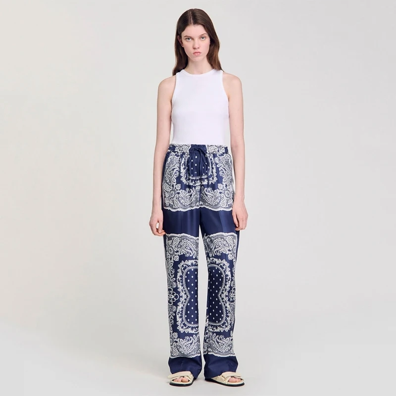 

Loose Printed White Casual Women's Pants Elastic Waist Straight Leg Long Trousers Summer 2025 New Sle Casual Pants