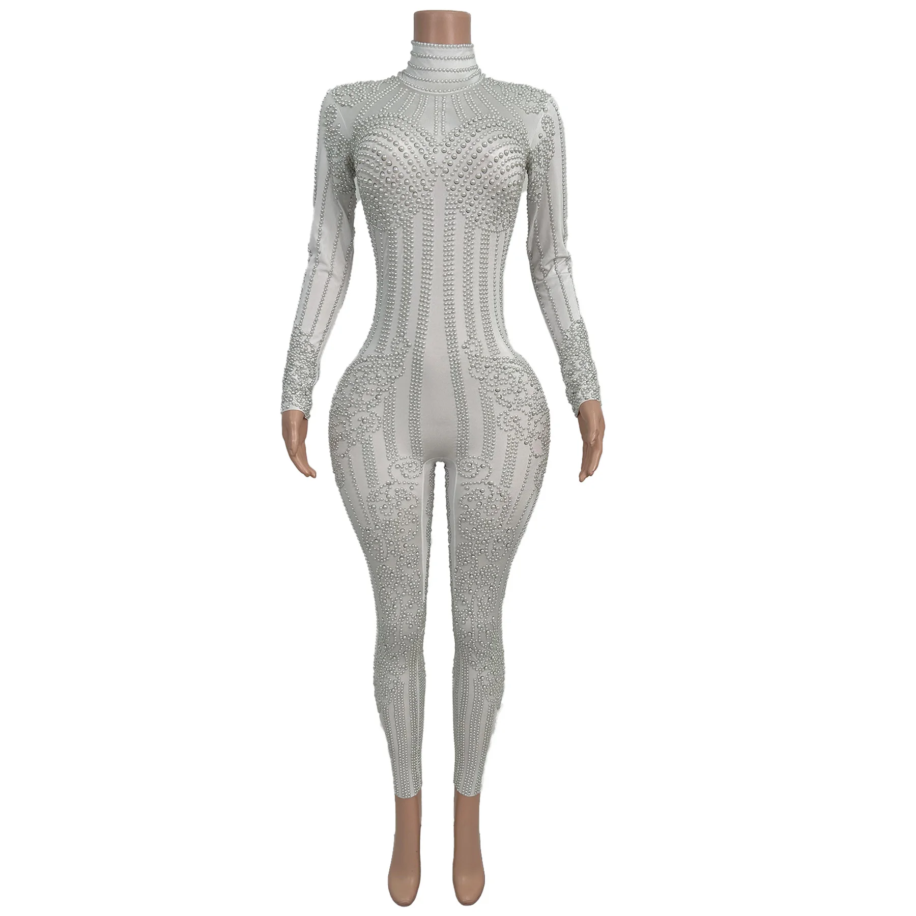 

Baigua 2025 женский комбинезон с длинными рукавами, великолепный жемчуг, высокая эластичность, узкие брюки, костюм для выступлений, платье для танцевальной вечеринки