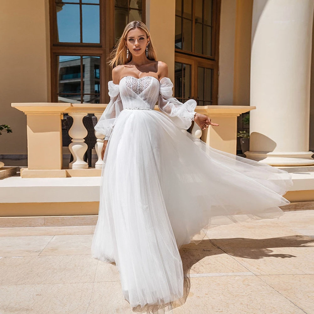 

Charming Empire Wedding Dresses with Lace 2024 Summer Soft Tulle Bridal Gowns Full Sleeve Beading New Lace Up Vestidos De Novia