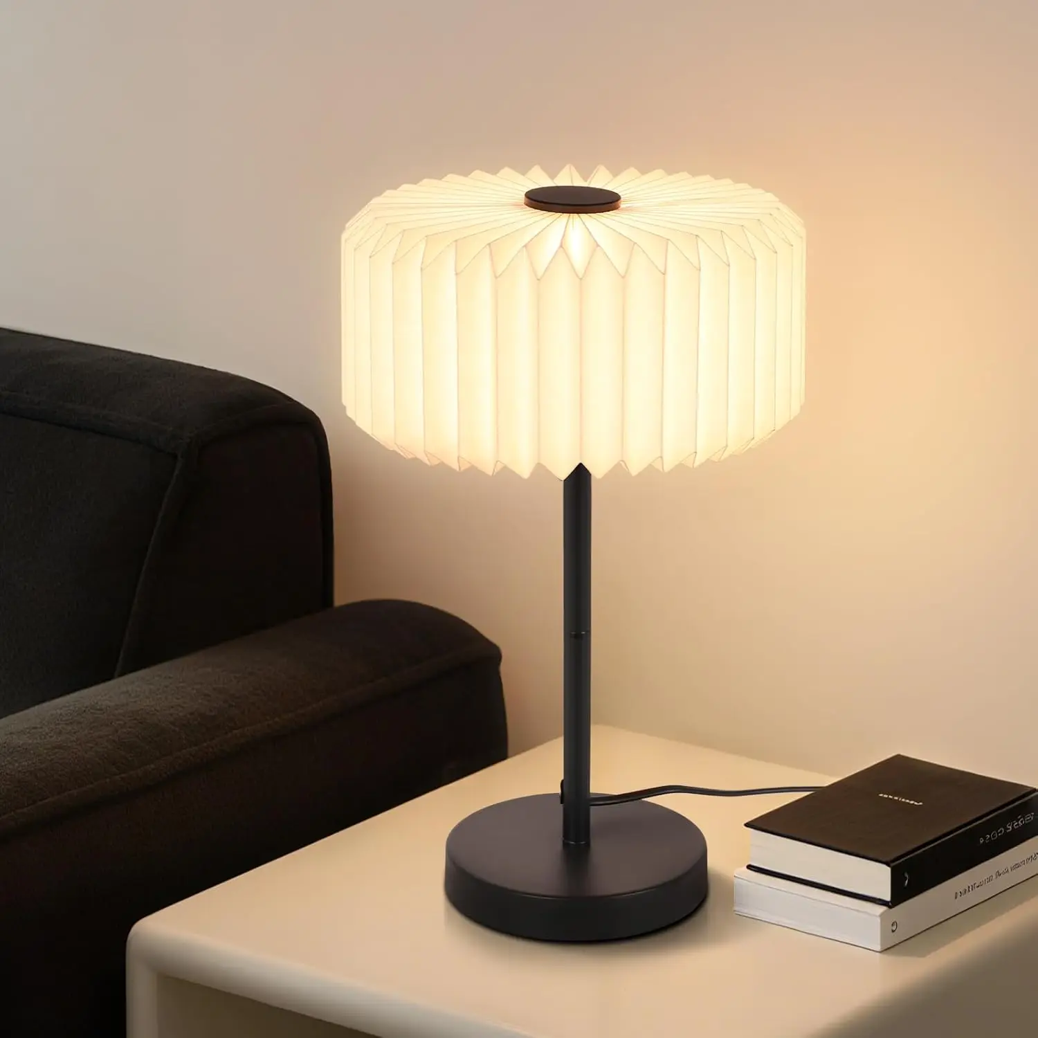 Nachttischlampe Wohnzimmer Tischlampe mit Kabel - Tischleuchte Schlafzimmer Vintage Design Nachttischleuchte Lampenschirm Papier Nachtisch Leselampe für Esszimmer Schreibtisch (ohne Leuchtmittel)