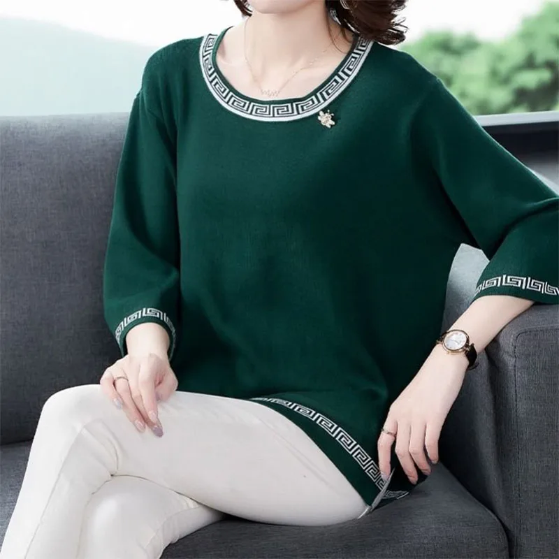 Korean Fashion Women Clothing 3/4 Sleeve T-shirt Elegant Vintage Spring Summer Big Size Loose Pullover Oversized Casual Midi Top