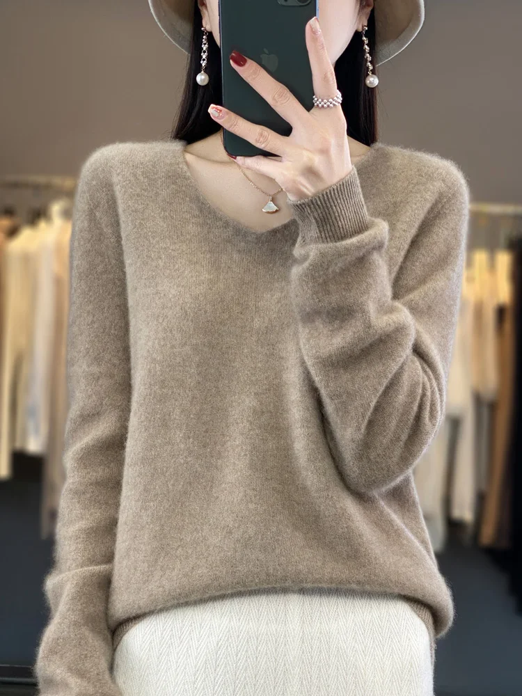 

Fashion 100% Merino Wool Sweater Basic Cashmere Women Knitwear Pullover V-Neck Long Sleeve Autumn Winter Clothing Tops