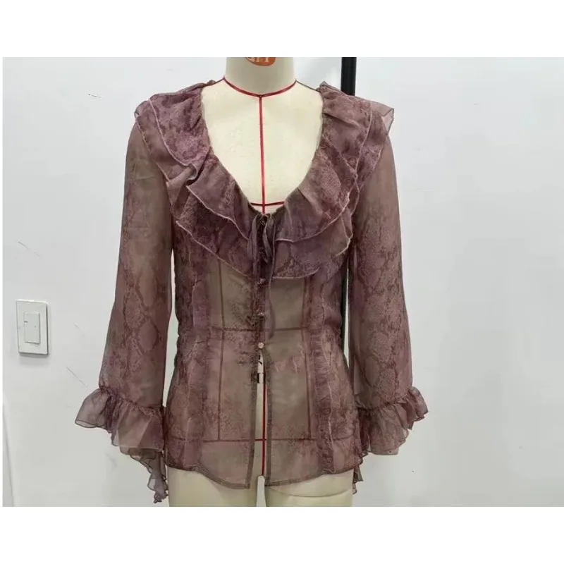 Chique lente dierenprint roze bloem damesoverhemden gestapelde vintage blouse mode 2025, oversized sexy gelaagd overhemd