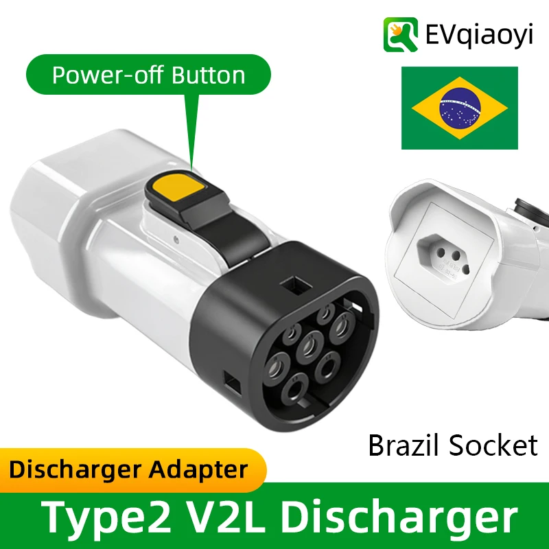 مفرغ EVqiaoyi Type2 V2L مع زر إيقاف التشغيل 16A MG BYD قابس السيارة إلى التحميل لمركبات الطاقة البرازيلية الجديدة