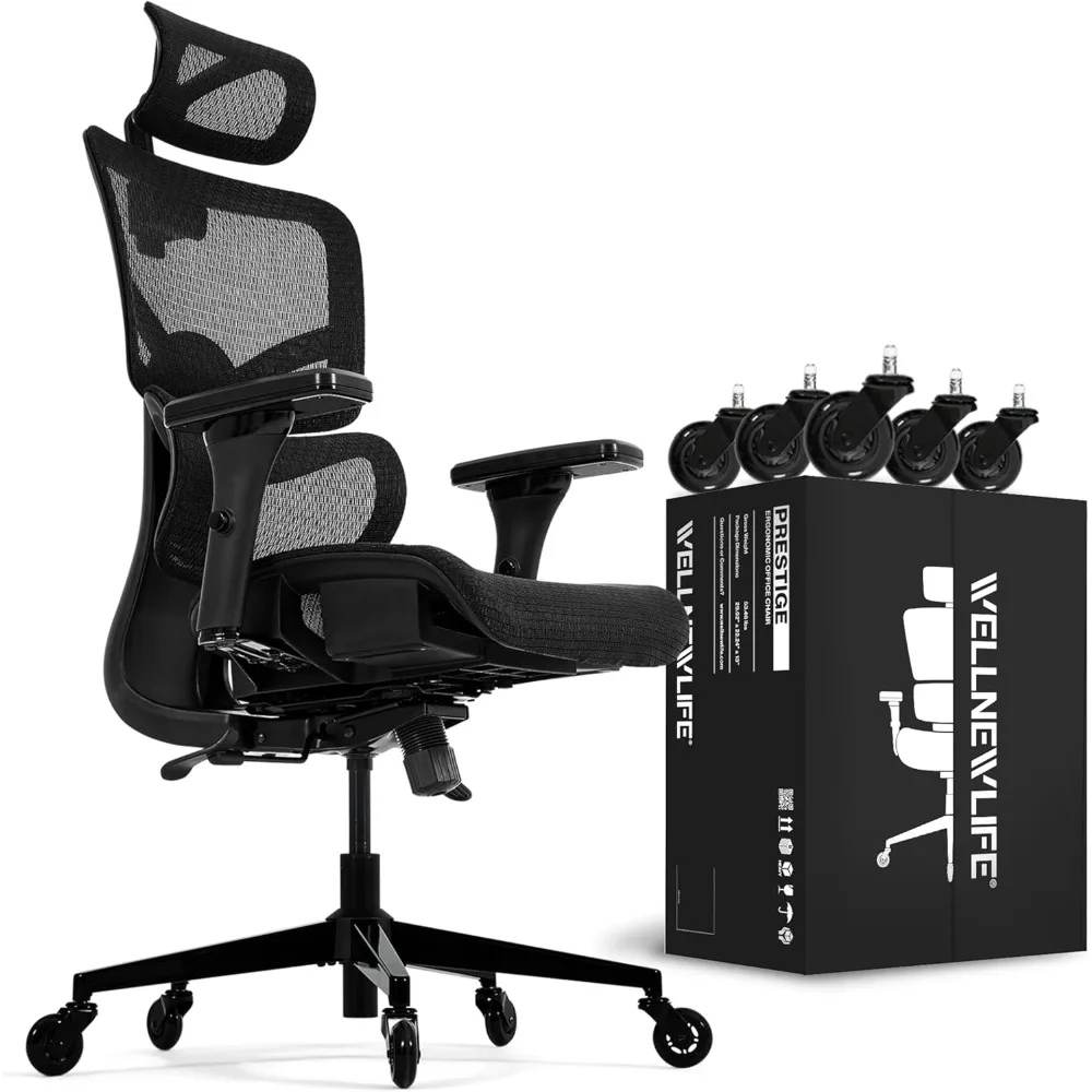 

WELLNEW Prestige Ergonomic Office Chair - Height Adjustable Backrest Lumbar Support, Seat Depth Adjust, 3D Headrest, 4D Armrests